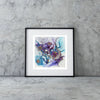 Framed Viola Seven 2023 Giclée fine art print with abstract purple and blue floral patterns on textured background.