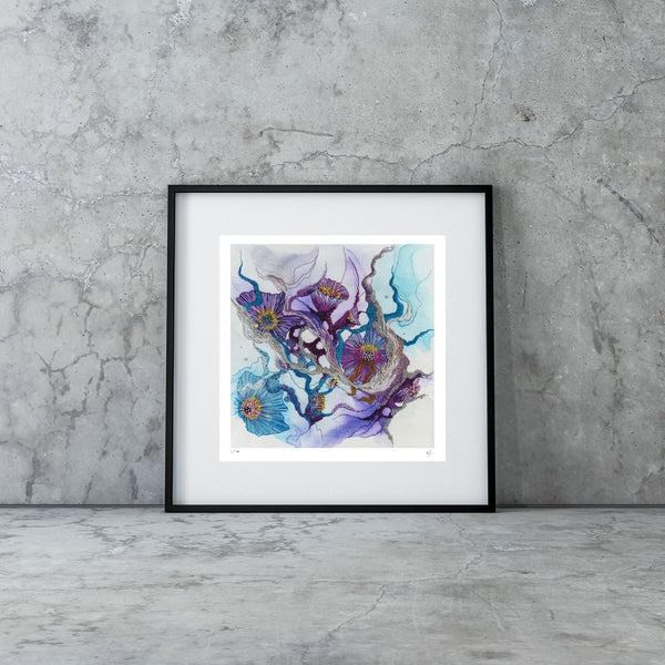 Framed Viola Seven 2023 Giclée fine art print with abstract purple and blue floral patterns on textured background.