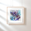 Framed Viola Seven 2023 Giclée fine art print in blues and purples with abstract floral and textured details on white wall.
