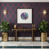 Giclee fine art print, Viola Seven, Mojo Worlds by Manoela Grigorova sits above a luxurious mahogany and gold console table. Decorative interior with a console table, plants, and wall art against a patterned wall in the style of art deco.