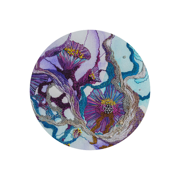 Round abstract embroidery art print in purple and blue tones with beadwork texture on white background