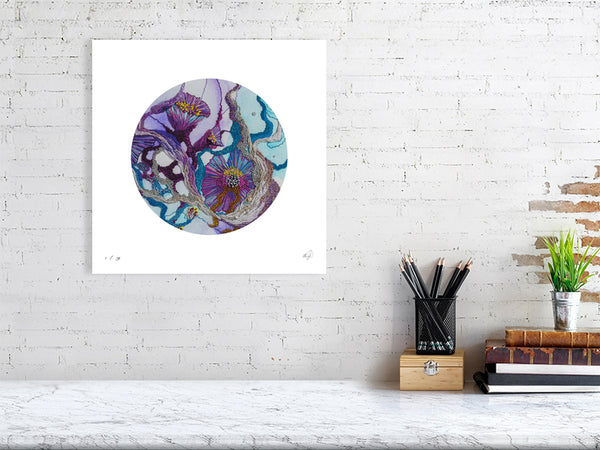 Viola Seven 2023 Mojo Worlds giclée fine art print featuring minimalist circular embroidery detail on white background.