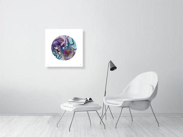 Minimalist living room with white chair and wall-mounted Viola Seven 2023 Mojo Worlds Giclée fine art print.