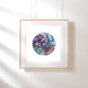 Framed Viola Seven 2023 Mojo Worlds Giclée print featuring vibrant minimalist embroidery in blues and purples on white background