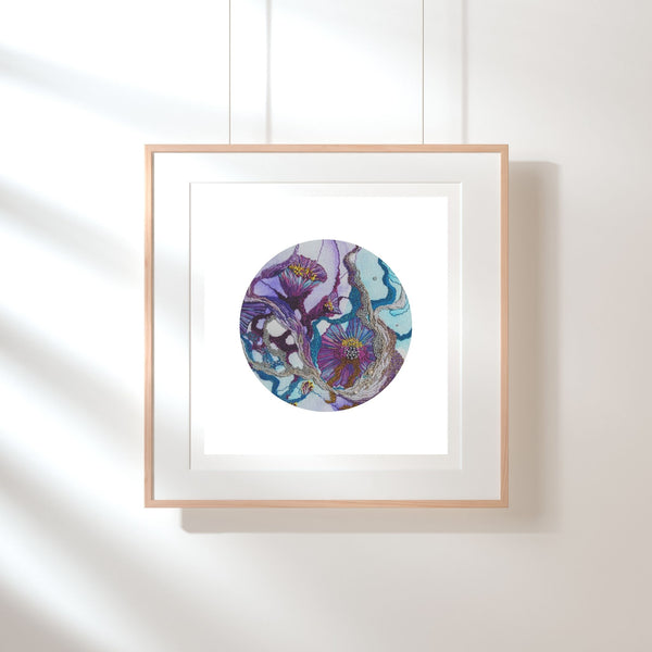 Framed Viola Seven 2023 Mojo Worlds Giclée print featuring vibrant minimalist embroidery in blues and purples on white background