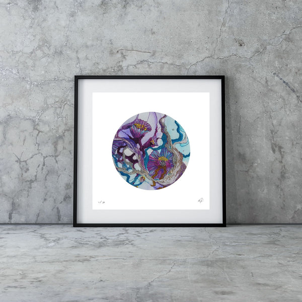 Framed Viola Seven 2023 Giclée fine art print by Mojo Worlds featuring textured purple and blue embroidery design