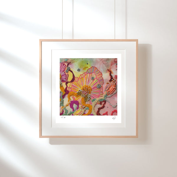 Framed Viola Six, 2022 Giclée print showing vibrant abstract embroidery details in pink, orange, and green tones.