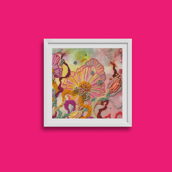 White framed Viola Six 2022 Giclée fine art print showing colorful abstract embroidery details on pink background