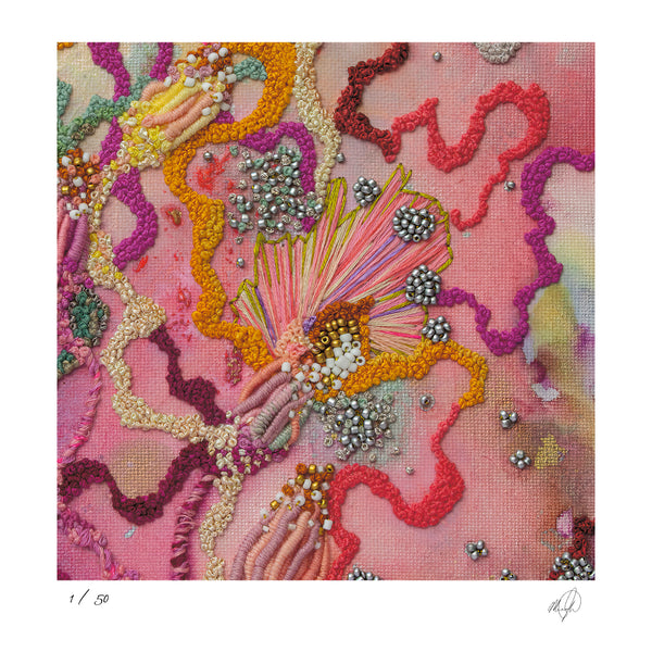 Close-up of colorful, textured embroidery detail from Viola Six 2022, showing intricate thread, beadwork, and abstract forms.