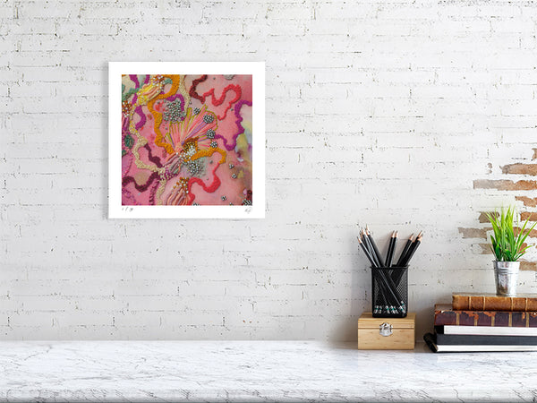 Framed Viola Six 2022 fine art print showing colorful abstract embroidery details on white wall background