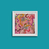 Framed Viola Six 2022 fine art print showing vibrant abstract embroidery details in pink, orange, and purple tones.
