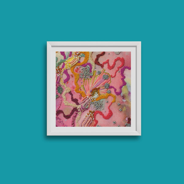 Framed Viola Six 2022 fine art print showing vibrant abstract embroidery details in pink, orange, and purple tones.