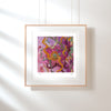 Framed Viola Six 2022 Giclée print showing vibrant abstract embroidery detail in purple and orange tones.