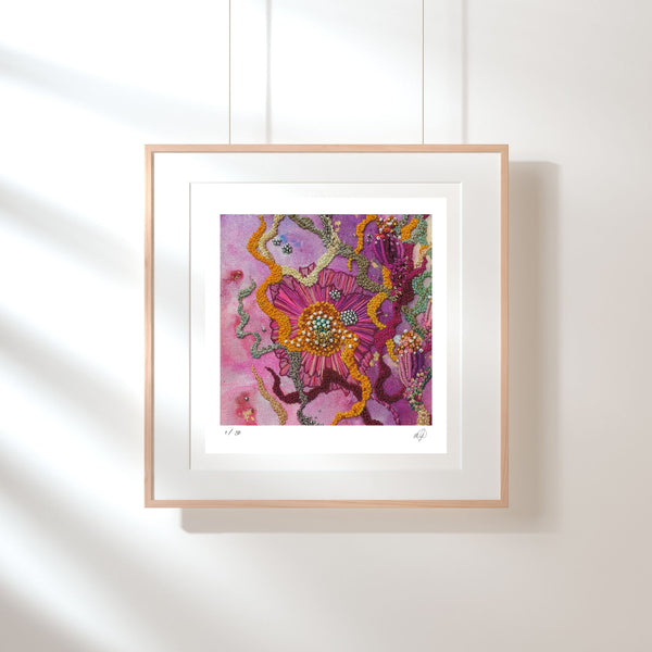 Framed Viola Six 2022 Giclée print showing vibrant abstract embroidery detail in purple and orange tones.
