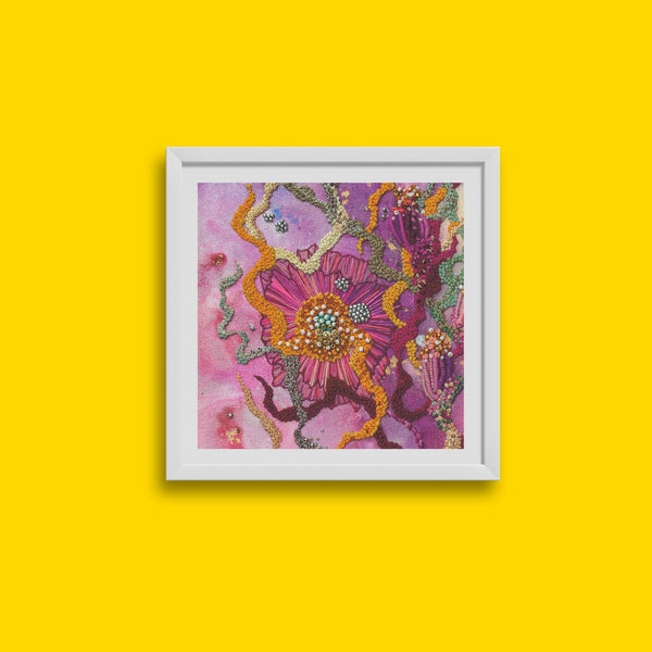 Framed Viola Six 2022 Giclée fine art print with vibrant purple, orange, and gold embroidered texture detail.