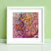 Framed Viola Six 2022 Giclée fine art print with abstract floral textures in vibrant pinks and purples on green wall background