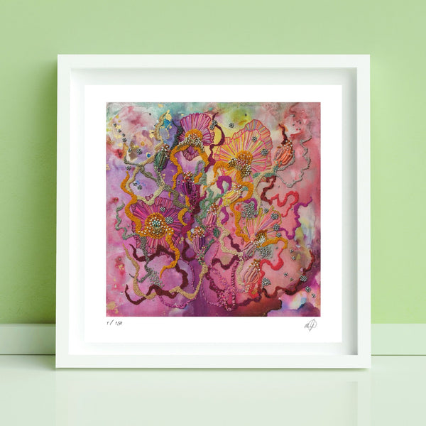 Framed Viola Six 2022 Giclée fine art print with abstract floral textures in vibrant pinks and purples on green wall background