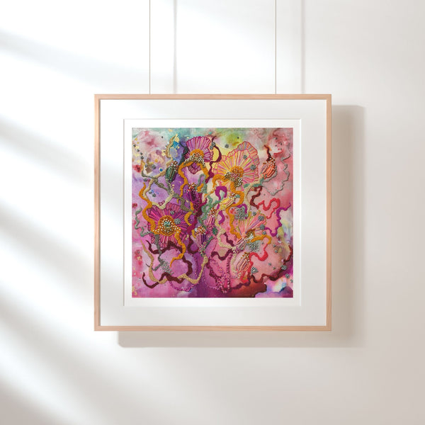 Framed Viola Six 2022 Giclée fine art print featuring vibrant abstract nature with textured colorful patterns