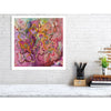 Abstract floral-themed Viola Six 2022 fine art print in vibrant pink, orange, and purple hues, displayed on white wall.