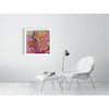 Abstract colorful fine art print Viola Six 2022 displayed in minimalist modern living room with white chair and lamp