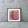 Abstract colorful fine art print Viola Six 2022 in black frame against concrete wall, museum-grade giclée print
