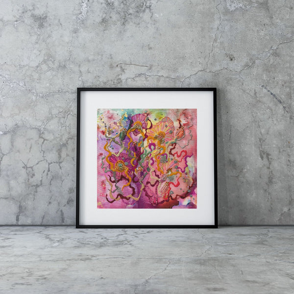 Abstract colorful fine art print Viola Six 2022 in black frame against concrete wall, museum-grade giclée print