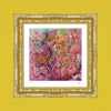 Abstract floral art print with vibrant pink, purple, and orange tones in ornate gold frame on yellow background