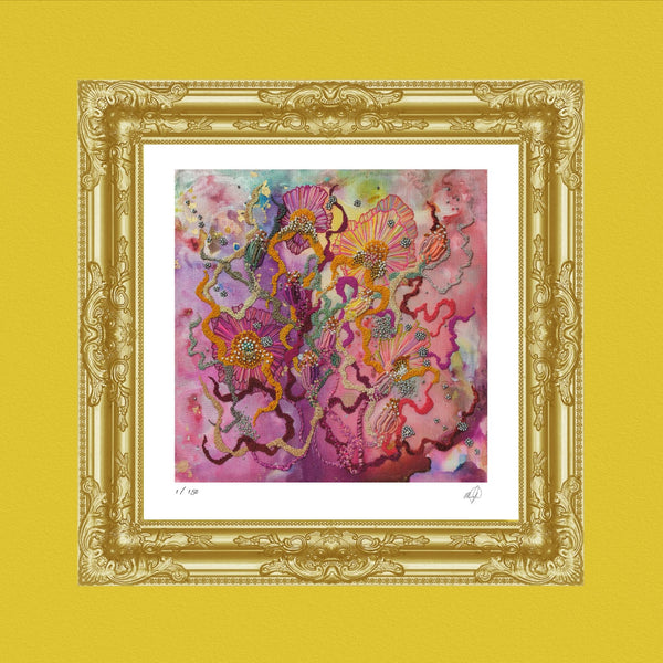 Abstract floral art print with vibrant pink, purple, and orange tones in ornate gold frame on yellow background