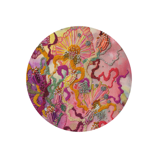 Circular modern embroidery art with vibrant threads and beadwork on pastel pink and purple background