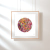 Framed minimalist Giclée fine art print featuring colorful hand-stitched embroidery in circular design on white background.