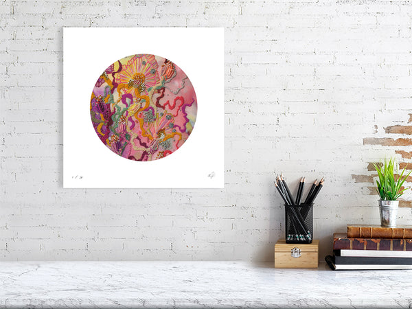 Viola Six 2022 Mojo Worlds embroidered fine art print with vibrant threads and beadwork in minimalist white frame.