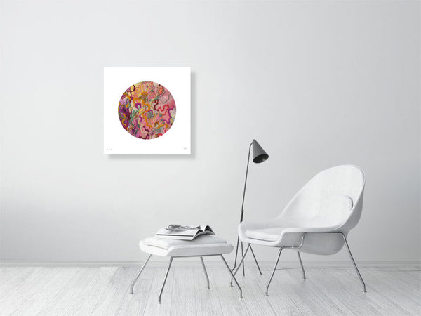 Viola Six 2022 fine art print with colorful circular embroidery design in minimalist white living room setting