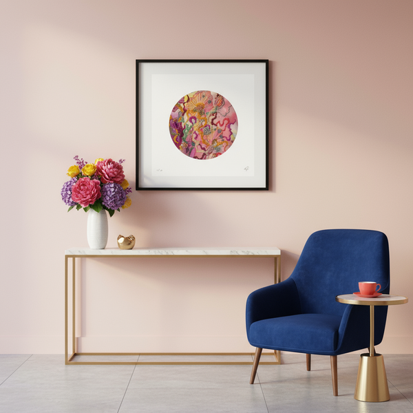 Modern interior with a blue armchair, marble console table, and floral arrangement against a pink wall. At the centre is a Viola Six, 2022, a reproduction of an embroidery artwork from Manoela Grigorova aka Mojo and Muse.