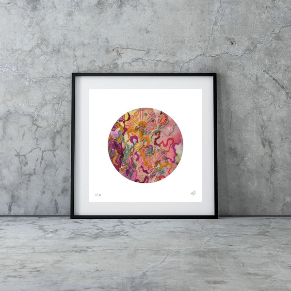 Framed Viola Six 2022 Mojo Worlds Giclée print featuring colorful abstract embroidery in circular composition