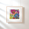 Framed Viola Three 2022 Giclée fine art print showing colorful abstract embroidery details in pink, blue, and yellow threads.