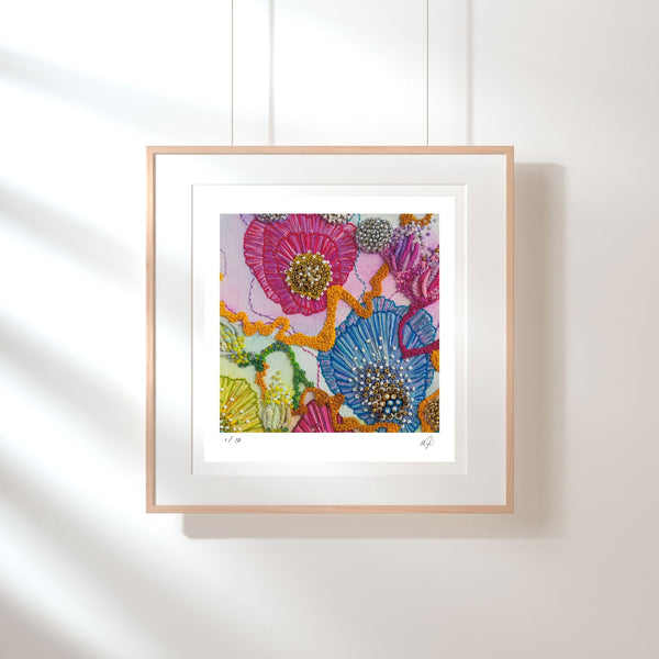 Framed Viola Three 2022 Giclée fine art print showing colorful abstract embroidery details in pink, blue, and yellow threads.