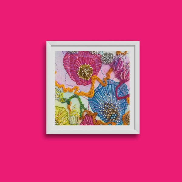 Framed Viola Three 2022 Giclée fine art print featuring colorful abstract embroidery details on white background.