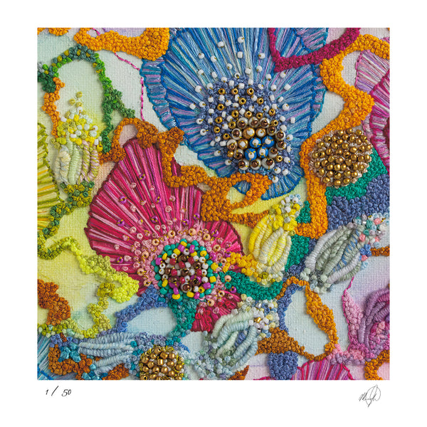 Close-up of colorful hand-stitched embroidery with beads and textured threads on fabric, Viola Three 2022 print.