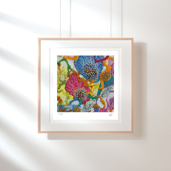 Framed 2022 Viola Three Details II print showing colorful abstract embroidery textures and thread patterns.