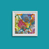 Framed colorful abstract embroidery detail from Viola Three 2022, museum-grade Giclée fine art print on blue background.