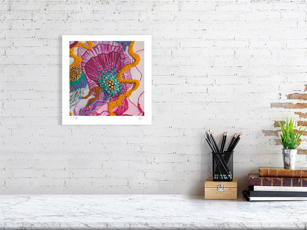 Viola Three 2022 Giclée fine art print of vibrant abstract embroidered textures in pink, orange, blue, and purple tones.