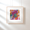 Framed Viola Three 2022 fine art print showing colorful abstract embroidered textures in pink, blue, and gold tones.