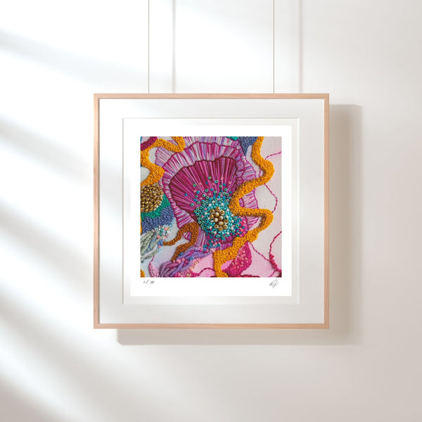 Framed Viola Three 2022 fine art print showing colorful abstract embroidered textures in pink, blue, and gold tones.