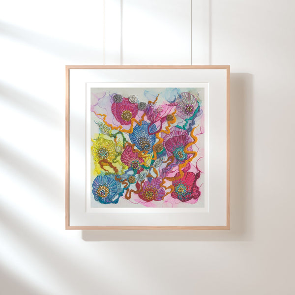 Framed Viola Three 2022 Giclée fine art print with abstract colorful floral and textured design on white wall.