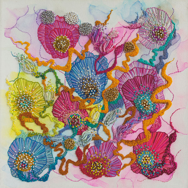 Abstract floral art in vibrant pinks, blues, yellows, and oranges with intricate textured embroidery details.