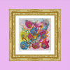 Abstract floral-inspired giclée fine art print with vibrant colors in ornate gold frame on lavender background