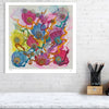 Viola Three 2022 Giclée fine art print with vibrant abstract floral texture hanging on white brick wall.