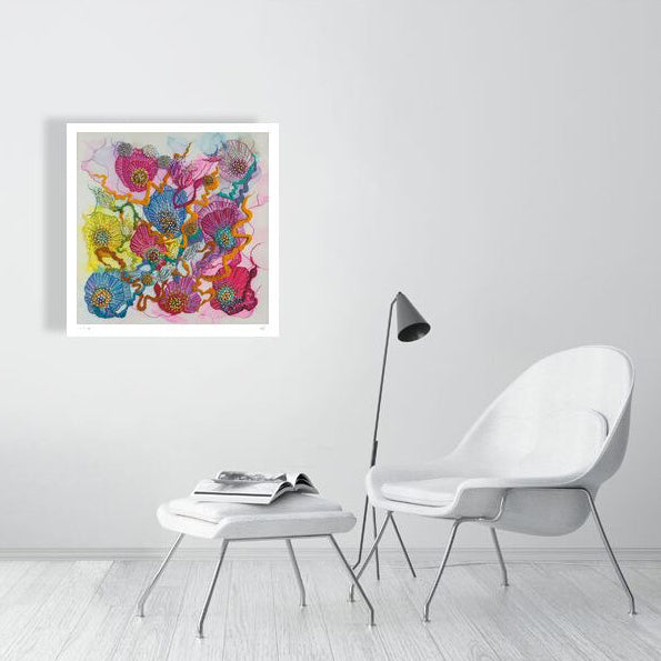 Viola Three 2022 Giclée fine art print with vibrant abstract floral textures in a modern minimalist room setting.