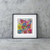 Framed museum-grade Giclée print of abstract floral artwork Viola Three with vibrant colors and intricate textures on gray concrete background.