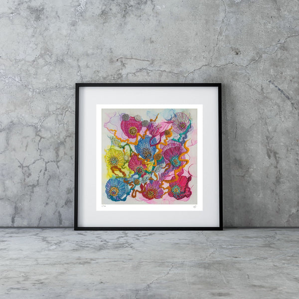 Framed museum-grade Giclée print of abstract floral artwork Viola Three with vibrant colors and intricate textures on gray concrete background.